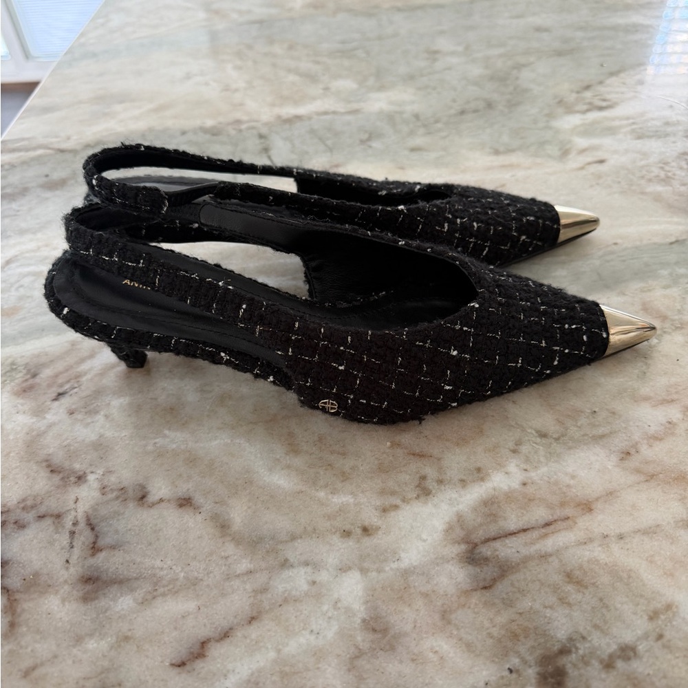 Anine Bing Nina Kitten Heels in Tweed with Metal Toe Cap, 39/9, New